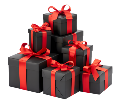Stack of black gift boxes with red ribbons and bows isolated on transparent background