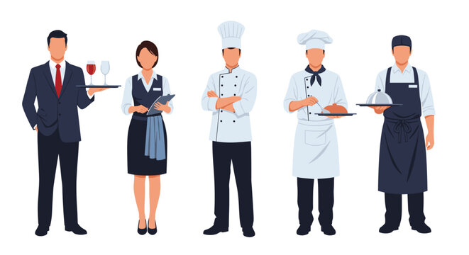 Restaurant staff including waiters and chefs with food and drinks.