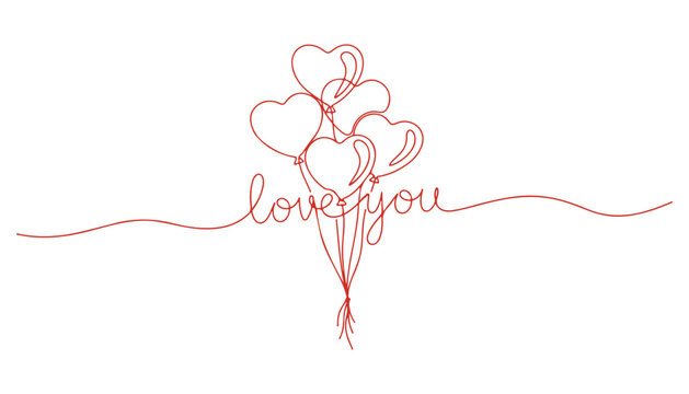 A continuous single line drawing of heart-shaped balloons with the words 'love you' written on them. It's all about Valentine's Day!