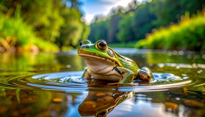 Green frog sits amidst ripples in water, surrounded by verdant foliage and a bright sky in the background
