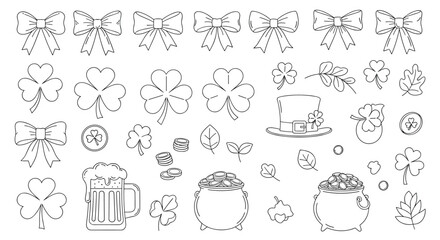 Collection of Irish themed icons including shamrocks, bows, a beer mug, and a pot of gold.