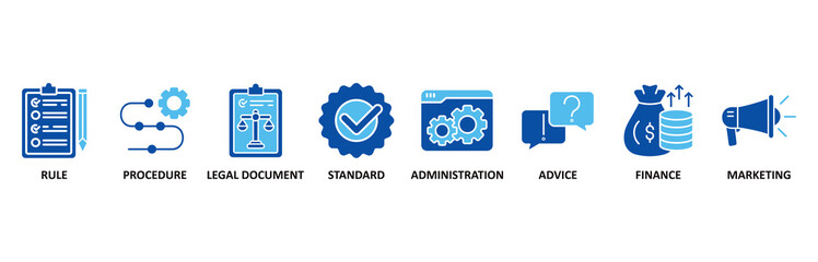 Guideline icon set In Blue Style vector illustration for rule, procedure, legal document, standard, administration, advice, finance, marketing