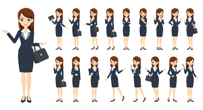 Collection of diverse businesswomen in professional attire striking various poses and holding accessories.