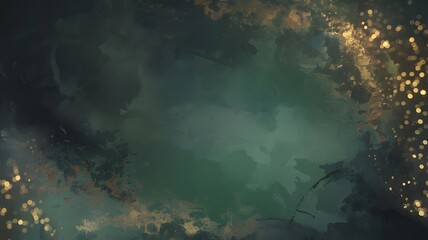 Abstract swirling emerald green smoke cloud with sparkling golden light particles and bokeh effects