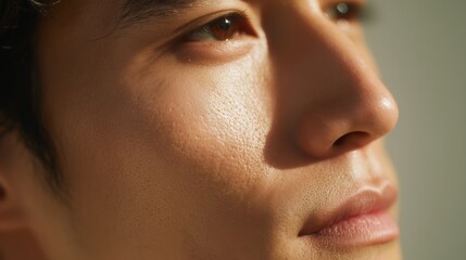 Obraz premium Close-up of a man's face highlighting natural skin texture in soft light