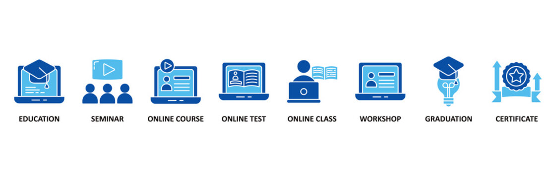 Online training icon set In Blue Style vector illustration for education, seminar, online course, online test, online class, workshop, graduation, certification�