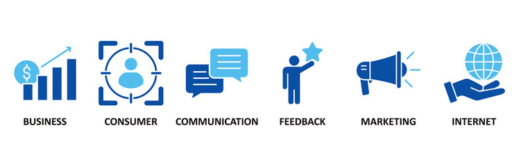 B2C icon set In Blue Style vector illustration for business to consumer concept of marketing with communications, feedback, marketing, and internet icon