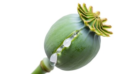 Green poppy seed pod with sepals against white