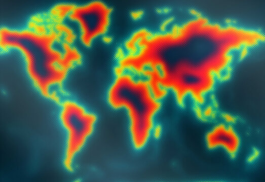 Abstract heat map world map showing global data intensity with red and orange high activity regions, cooler blue oceans, and a bold visualization for analytics storytelling