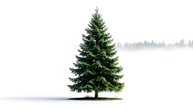 Evergreen tree stands prominently against a bright white backdrop with a distant, misty line of trees
