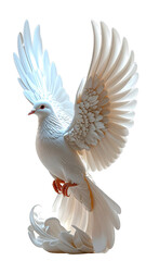 Elegant white dove bird with wings spread soaring gracefully.