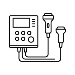 Line art icon of an ultrasound machine with two probes, representing medical imaging and diagnostics