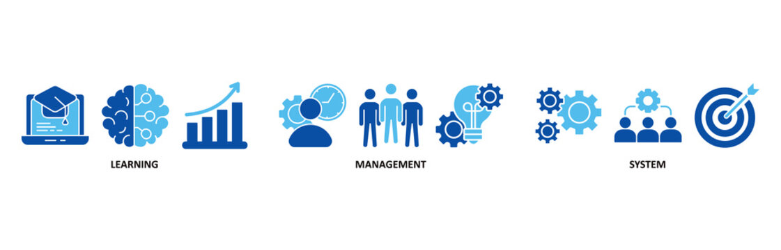 LMS icon set In Blue Style vector illustration for learning management system, educational courses, training and development programs with online learning, administration, growth, and automation icon