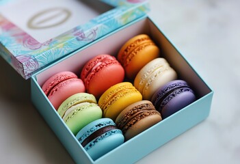 Pastel blue macaron box open to reveal colorful desserts, close-up on vibrant red pink yellow orange green white pastries, ideal for food blogs and baking inspiration.