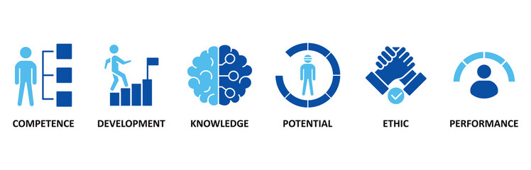 Best practice icon set In Blue Style vector illustration for competence, development, knowledge, potential, ethic and performance