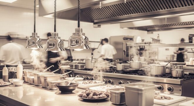Bustling professional kitchen scene with chefs working amidst culinary equipment and stainless steel surfaces