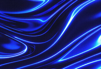 Abstract blue neon light waves and flowing ribbons in a high tech digital composition, vibrant energy patterns, futuristic ambience with sleek curving lines and luminous textures