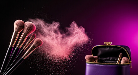 Fine cosmetic powder. A soft brush for foundation. Eyelash enhancing mascara. Premium skincare collection. Black stylish cosmetic bag essentials