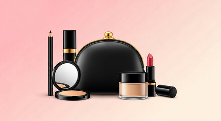 Gentle facial skincare. Cosmetic products for her. A soft powder brush. Black bag with mascara. Eyeliner for a stylish look.