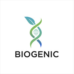 Modern biogenic logo design with DNA helix and leaf symbol representing biotechnology, genetics, nature, science, sustainability, and eco innovation concept