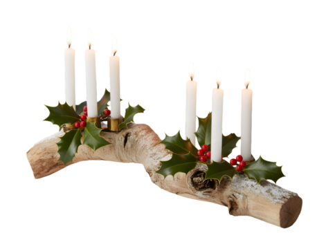 Rustic birch log candle holder with holly and red berries for christmas decoration isolated on transparent background