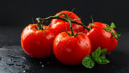 Fresh red tomatoes on a vine with water droplets, accented with basil leaves against a dark background