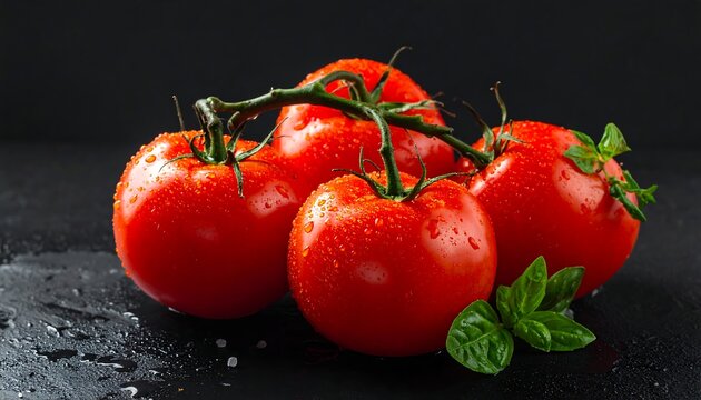 Fresh red tomatoes on a vine with water droplets, accented with basil leaves against a dark background