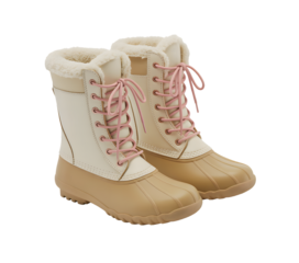 Pair of cozy tan and cream winter snow boots with pink laces isolated on transparent background