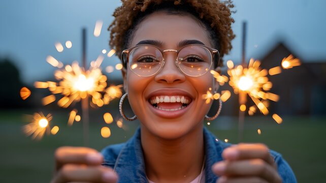 Joyful young woman with round glasses holding sparkling fireworks and smiling brightly