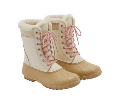 Pair of cozy tan and cream winter snow boots with pink laces isolated on transparent background
