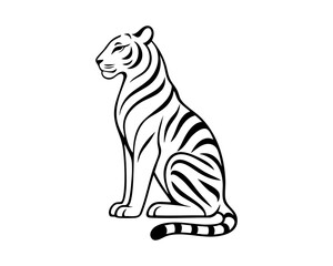 Elegant line art tiger sitting in profile, minimal black and white big cat illustration for stickers, logos, tattoo designs, wildlife graphics, decorative animal elements, vector illustration