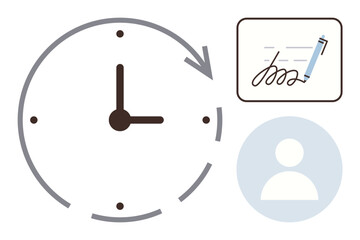 Clock with arrow indicating time flow, signature box with pen representing documentation, and user icon. Ideal for time management, deadlines, contracts, scheduling, productivity, organization
