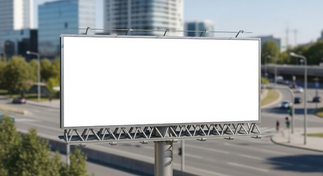 Blank white billboard mockup for advertising on a highway with a blurred city background.