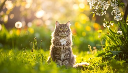 Fluffy, brown tabby cat sits in sunny meadow surrounded by flowers and greenery with a blurred, golden bokeh backdrop