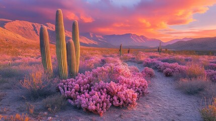 Desert scene at sunset, cacti and purple flowering plants with mountains in the background