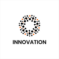 Modern innovation logo design with circular molecular pattern in black and orange, symbolizing technology, science, creativity, connection, and digital network concept