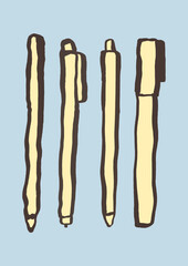 Set of hand-drawn stationery tools — pen, pencil, mechanical pencil, and marker. Brush pen vector illustration with simple filled outlines. Minimal and clean design 