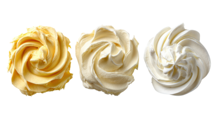 Three swirls of creamy frosting or meringue isolated on transparent background