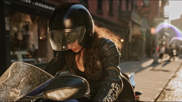 A woman in a leather jacket sits on a motorcycle on a city street at sunset, holding the handlebars and leaning slightly forward before lifting her head upward as if noticing something above her