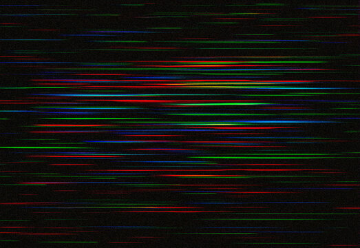 Abstract digital glitch lines across a dark canvas with vibrant horizontal streaks of red, blue, green and yellow creating a dynamic techno texture for modern design projects