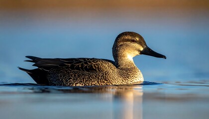 Grey duck swimming calmly on water, with sunlight reflecting on the water and its feathers