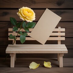 Yellow rose with blank card on a wooden bench
