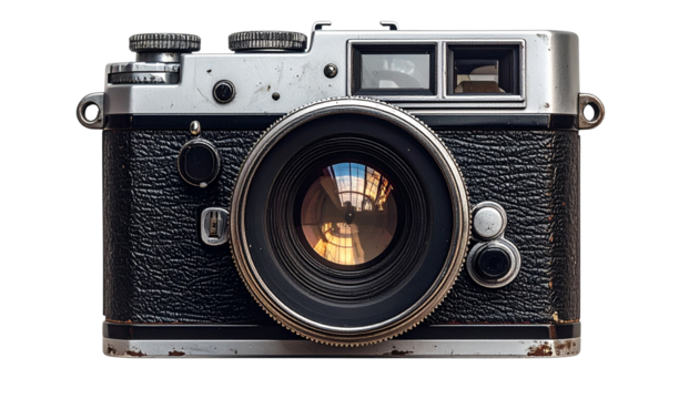 Vintage camera with lens reflections and metallic textures, placed diagonally — photography, nostalgia, and creativity theme PNG.