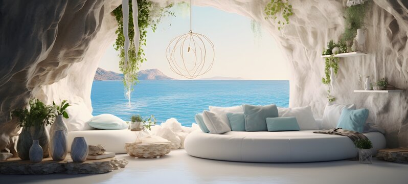 A white cave with a sea view, the interior decorated in a boho style with blue and green pastel colors,generative AI