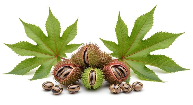 Castor bean seeds and leaves on white background