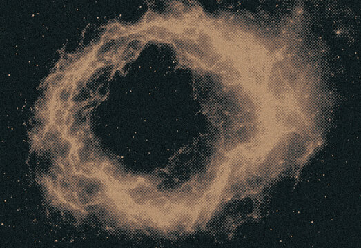 High resolution abstract space scene showing a glowing golden dust ring encircling a dark central void amid a star filled backdrop, evoking cosmic structures and sci fi aesthetics