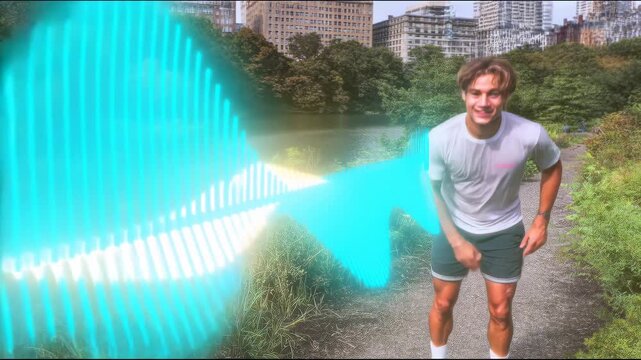 A man first bends over catching his breath after a run, then straightens up, smiles, and starts running again along a forest trail with city buildings in the background