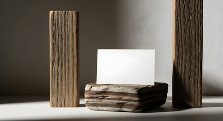 Blank business card mockup rustic wooden blocks natural product display neutral background