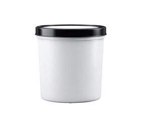 White cylindrical container with black lid