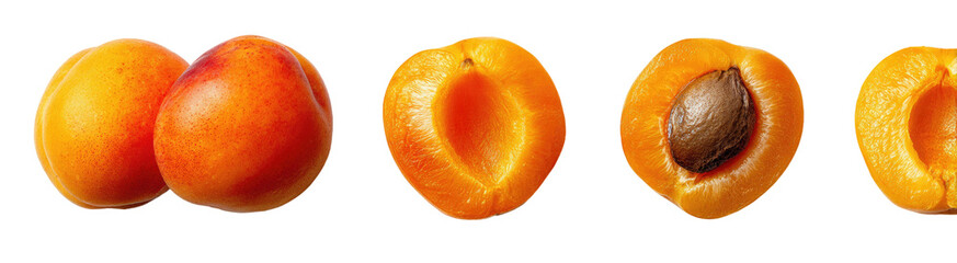 Four apricot halves, whole and cut, against black background